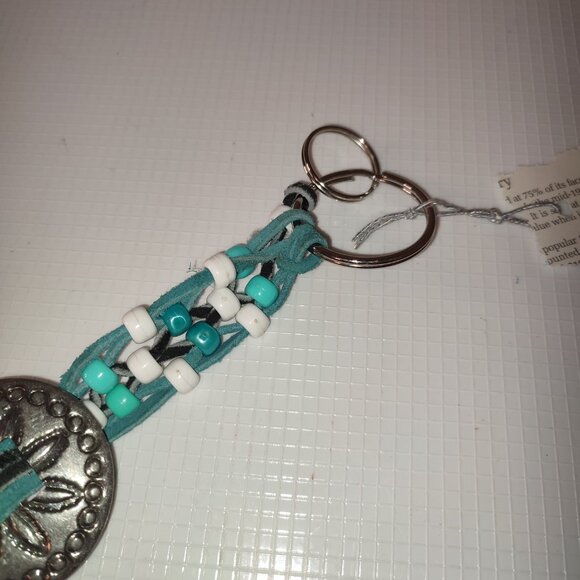 Key Chain Purse Accessory Silver Turquoise Leather Beads Metal vintage - Picture 4 of 5